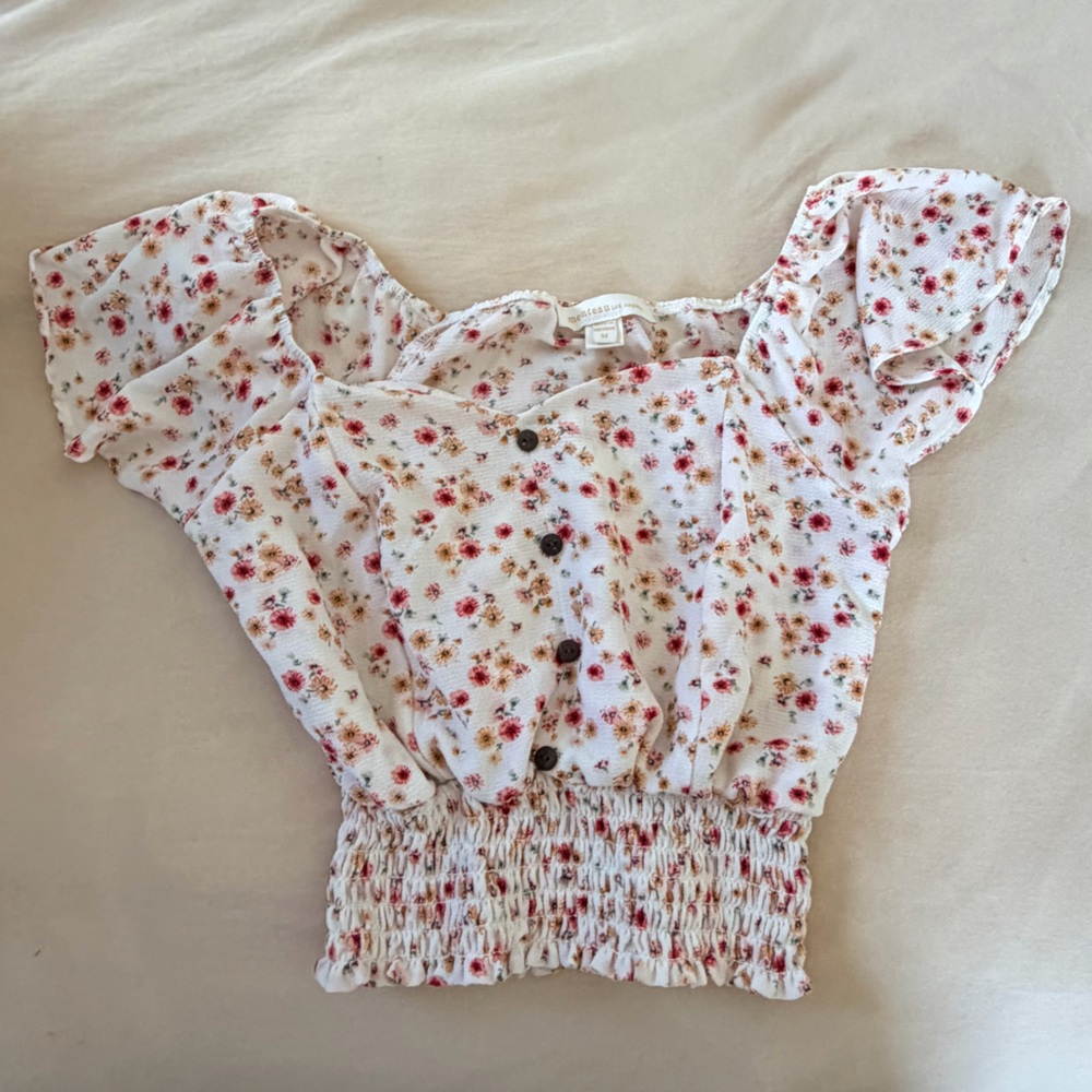 Monteau White Floral Smocked Crop Top with Pink and Brown Flowers